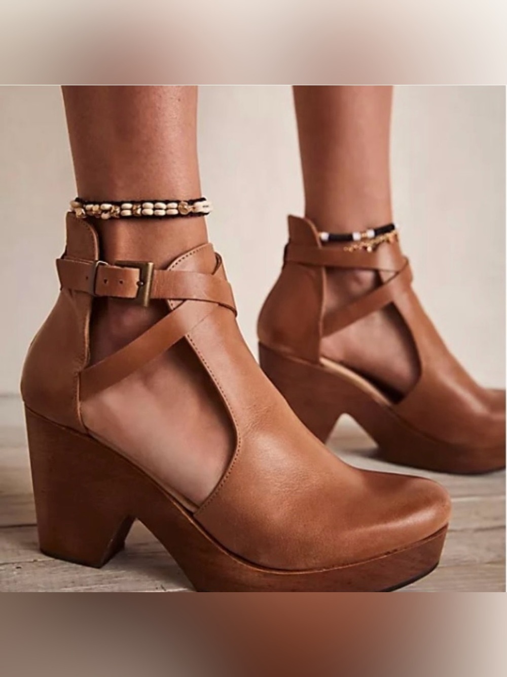 Free People Tan Leather Cedar Clog Strappy Shoes